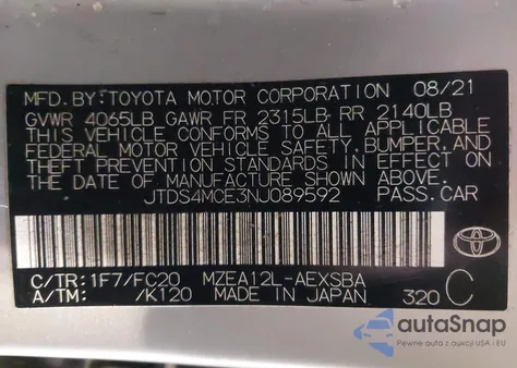 2022 Toyota Corolla Se из США, поврежденный, VIN JTDS4MCE3NJ089592